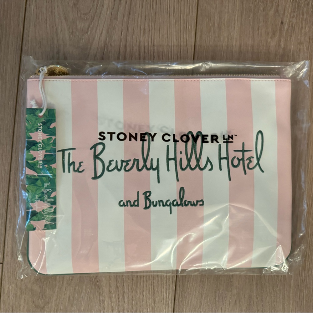 Stoney Clover Lane x Beverly Hills hotel Pink and White  collab flat Pouch NWT